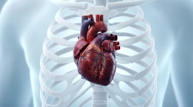 Human heart beating inside anatomical ribcage