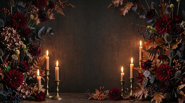 Moody autumn floral arrangement featuring dark red dahlias and burning candles on a dark background