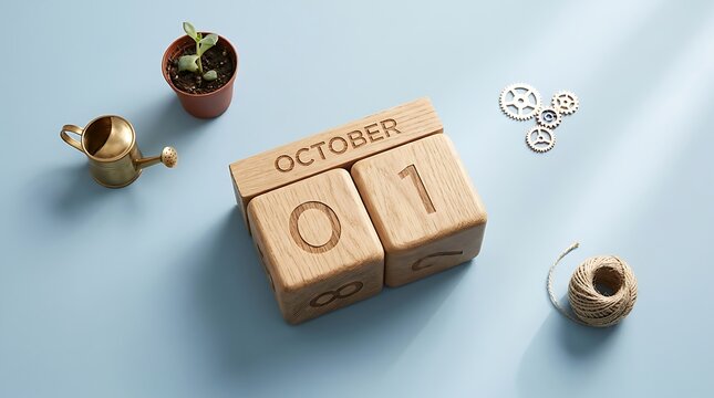 Wooden block calendar showing the date october first with decorative miniature objects surrounding it