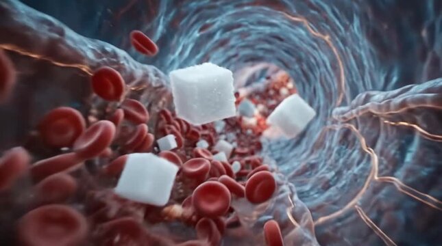 Sugar cubes flowing through bloodstream with red blood cells