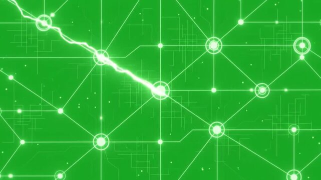Green digital networking structure displaying interconnected data points and glowing transmission lines representing rapid information flow across an expansive computer network communication