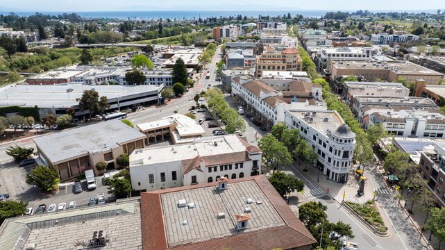 Afternoon sun shines on the heart of historic downtown Santa Cruz, California, USA.
