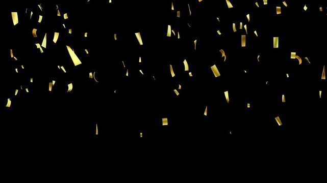 Slow motion falling of small party confetti in metallic gold on black background. Shining golden confetti foil celebrating glamorous awards holidays weddings or New Years eve festivities. 3d render.