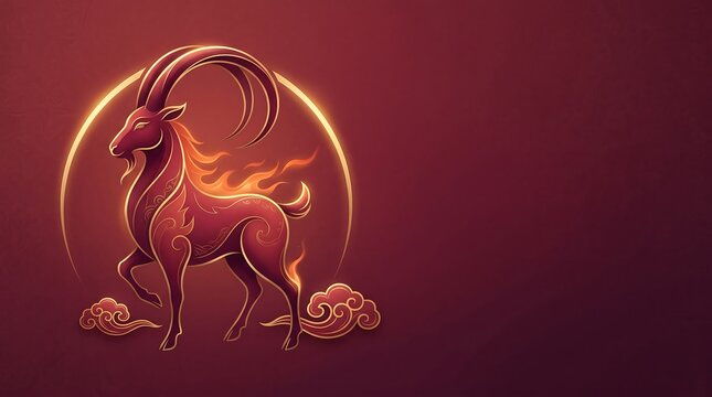 Stylized red ram with golden horns and flames vector design on maroon background