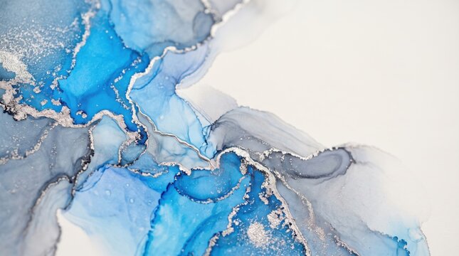 Abstract alcohol ink painting with flowing blue and grey pigment washes accented by metallic silver veins on a white background