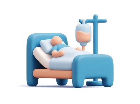 3D illustration of a patient lying in a hospital bed with an iv drip 3D icon vector illus