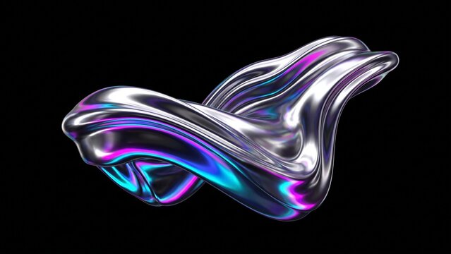 Abstract Twisted Iridescent Liquid Chrome Sculpture, Glossy Metallic Ribbon with Neon Magenta and Cyan Reflections Isolated on Black Background