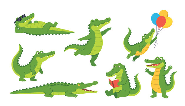 Cute cartoon crocodile vector illustration set featuring various funny alligator characters in playful poses isolated on white
