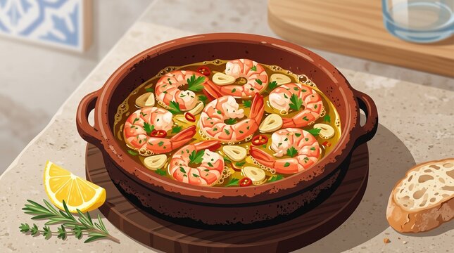 An illustrated clay dish of sizzling garlic shrimp saut&eacute;ed in olive oil with chili, herbs, and lemon next to bread.   