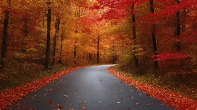 A Scenic Road Through a Vibrant Autumn Forest with Falling Leaves Blowing in the Wind 4K Generative AI