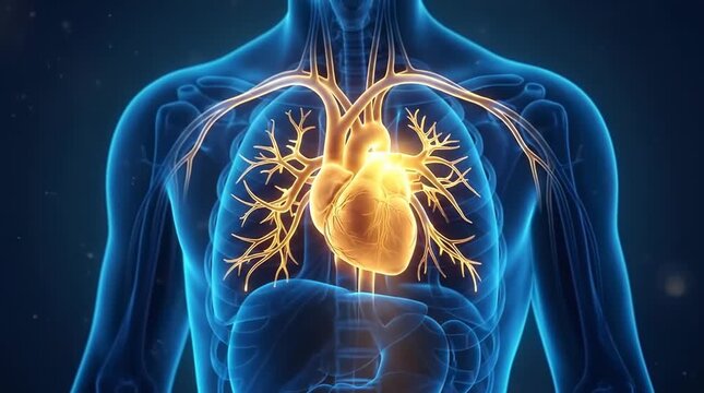 Human heart and lungs pulsing with light