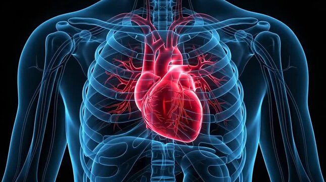 Human heart beating in anatomical torso