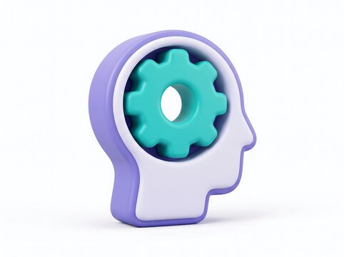 3D stylized head profile silhouette featuring a large industrial gear inside for technical