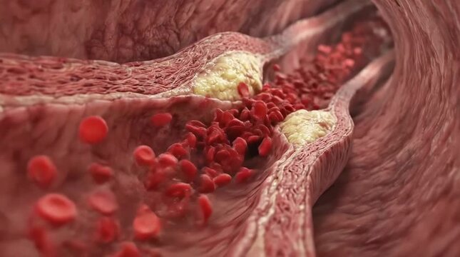 Blood flowing through narrowed artery with plaque buildup