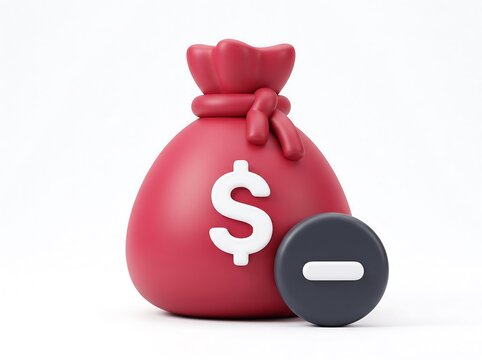 Red money bag with minus sign icon representing financial loss or debt money reduction 3D icon