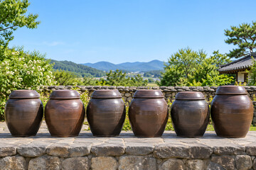 Obraz premium Row of Korean onggi sauce jars on stone terrace under blue sky