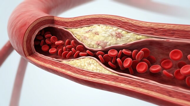 Blood vessel with red blood cells and cholesterol plaque