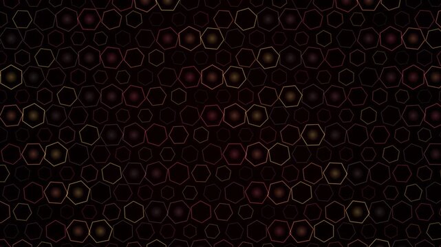 Dark hexagonal grid with flickering amber light particles