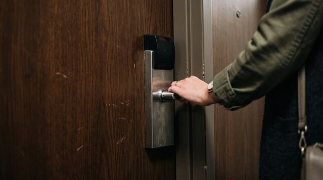 woman hotel room safety concept. Person unlocking a door with a keycard in a modern building interior