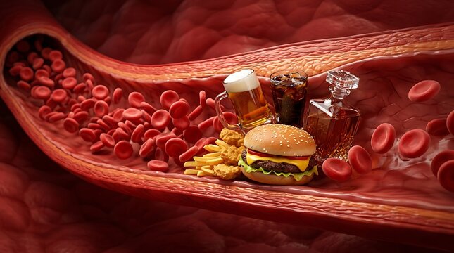 Unhealthy food and drink inside a blood vessel