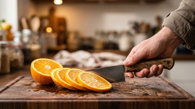 Hand holding a kitchen knife slicing a fresh orange into thin round segments on a dark wooden cutting board in a blurred home kitchen setting