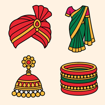 Indian culture vector icon set with Indian turban, sari, jhumka earring and bangles. Colorful traditional India symbols for culture, festival and travel design.