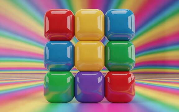 Nine glossy rounded cubes arranged in a grid on a rainbow radial background