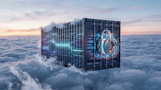 A secure digital shipping container floating above the clouds representing global data protection and logistics security