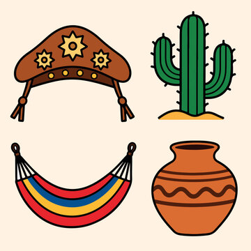 Brazil vector icon set with cangaceiro hat, mandacaru cactus, hammock and clay pot. Colorful Brazilian culture and travel symbols for tourism, holiday and graphic design.