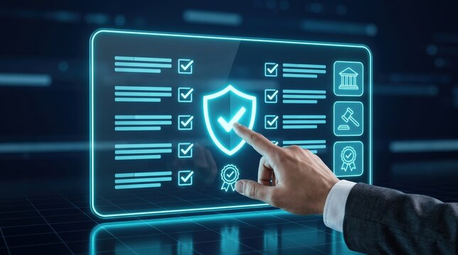 Hand touching a glowing digital interface showing a compliance checklist with a central shield and legal symbols on a dark blue background
