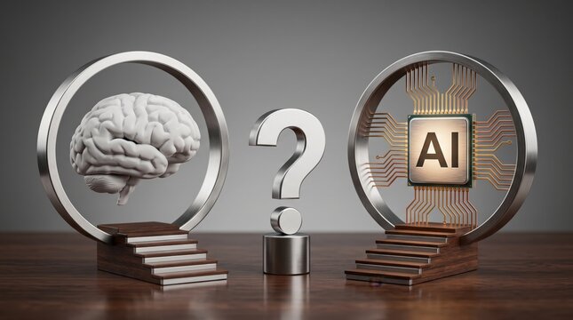 Human brain and computer processor chip inside metallic rings with a central question mark on a wooden surface representing artificial intelligence versus human intelligence comparison
