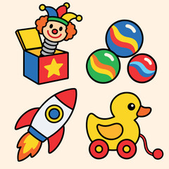 Obraz premium Kids toys vector icon set with jack in the box, colorful balls, toy rocket and pull duck. Colorful isolated symbols for commercial graphic design.