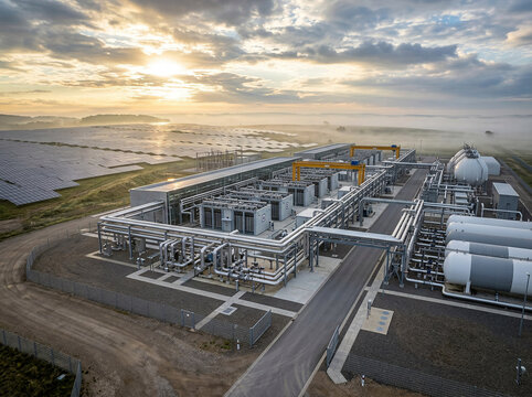 Expansive aerial view of a sophisticated green energy infrastructure complex, showcasing vital Global Climate Action and sustainable solutions for modern development