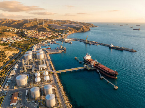 Global Climate Action Aerial view showcases a port terminal with a hydrogen storage facility, spearheading a sustainable energy transition for a clean future