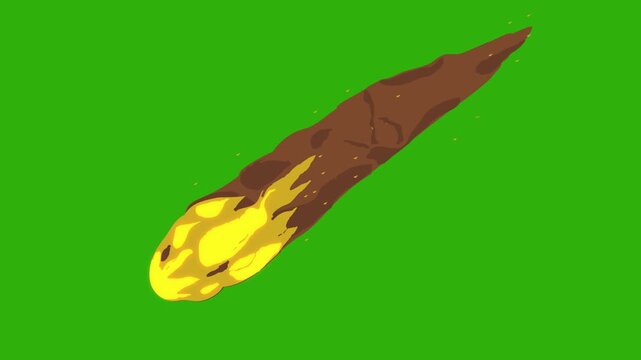 Hand drawn animated comet falling.  meteor cartoon fall down fast speed. fireball with green background