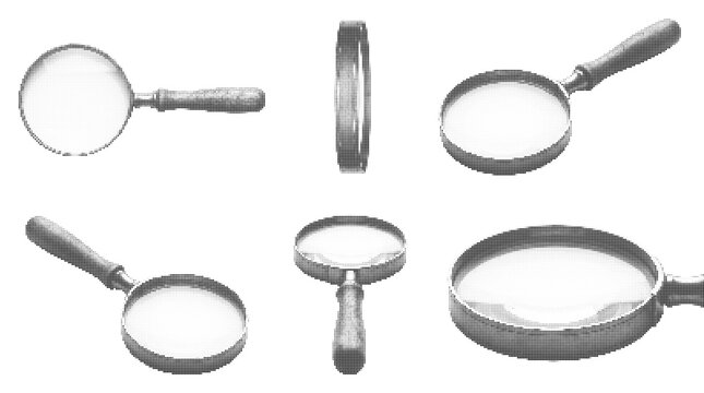 Magnifying glass set in various poses with halftone dot texture for retro design elements