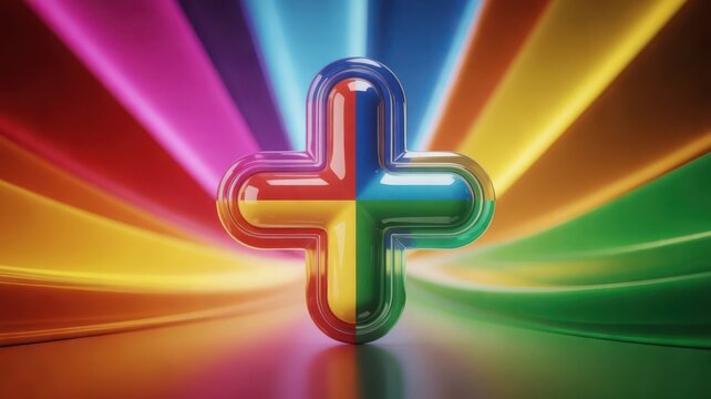 Glossy multi-colored plus sign symbol against a vibrant rainbow background