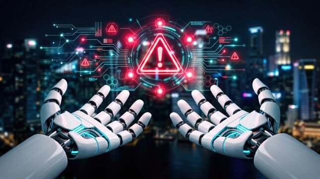 Robotic hands holding a glowing red holographic warning triangle with digital circuit lines against a blurred night city skyline background