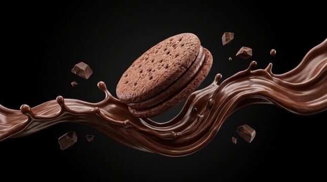 Round chocolate sandwich cookie floating above a dynamic wave of liquid melted chocolate with scattered dark chocolate chunks against a solid black background
