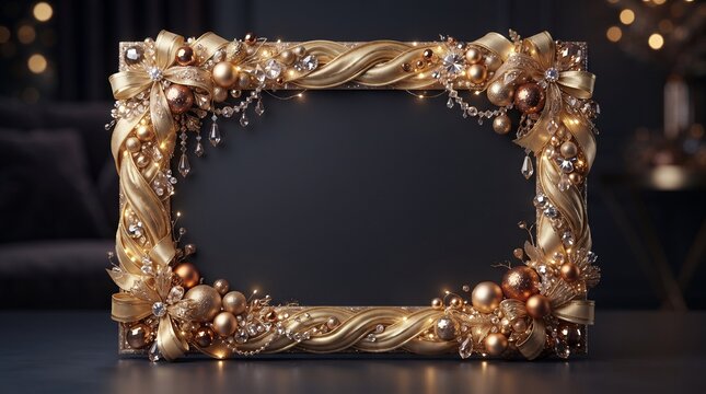 Luxurious Golden Decorative Frame with Pearls and Gems for New Year Celebration and Elegant Festive Greetings