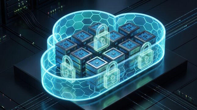 Digital cloud computing infrastructure protected by glowing security padlocks for secure data storage and server management