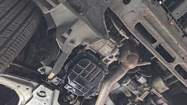 Footage of the underside of a car lifted onto a vehicle for inspection at a repair shop