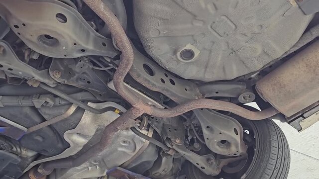 Footage of the underside of a car lifted onto a vehicle for inspection at a repair shop