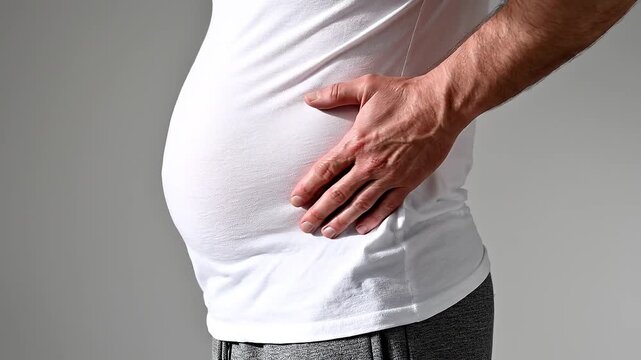 Middle-Aged Man Touching His Belly, Diet and Belly Fat Concept