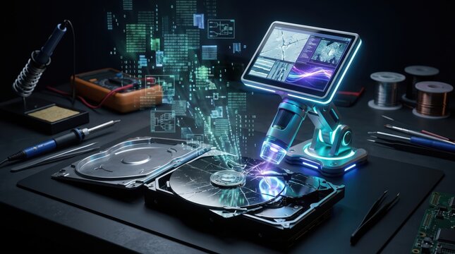 Digital microscope inspecting a hard drive platter with floating data visualization elements on a workbench