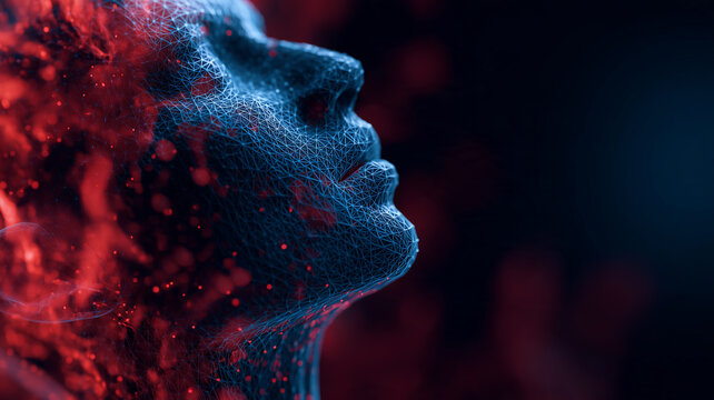 A digital human profile formed by a network mesh represents virtual identity, biometric technology and artificial intelligence.
