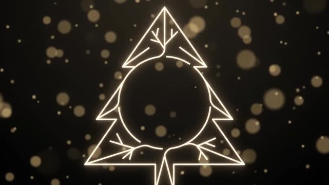 Golden minimalist line art Christmas tree silhouette with a central circle frame on a dark bokeh background