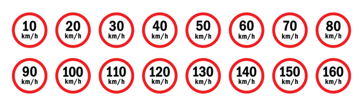 Speed limit road sign icon set from 10 to 160 km h featuring circular traffic regulation signs for road safety, driving rules, highway transportation, vehicle speed control, and traffic management.