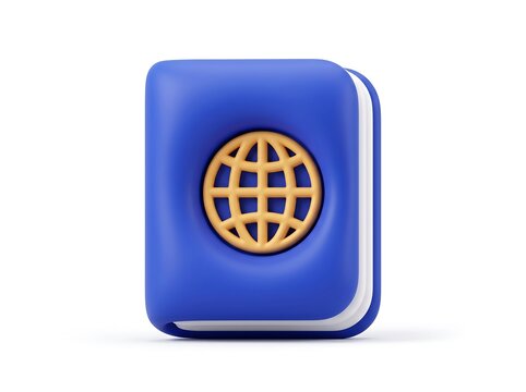 Blue book icon with a stylized golden globe symbol on the cover travel guide 3D icon vector illus