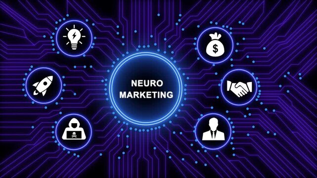 Neuromarketing digital concept infographic featuring glowing circuit board background, with animated representing, consumer psychology, business, strategy, financial growth, and modern data analytics